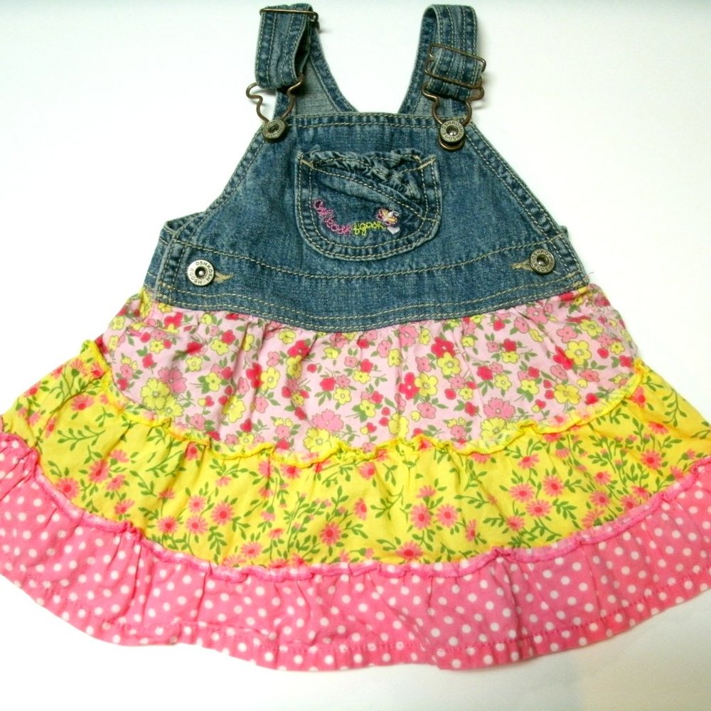 Vintage Oshkosh Girls Overalls Dress Denim Tiered Ruffle Floral Pink 12 Months
